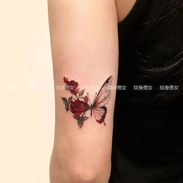 玫瑰蝴蝶纹身贴性感防水女持久手臂网红仿真ins风锁骨少女学生