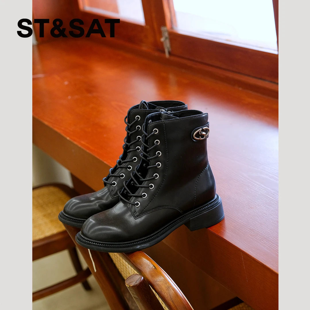 【机车马丁】星期六马丁靴女低跟英伦风冬季靴子黑色系带短靴6463