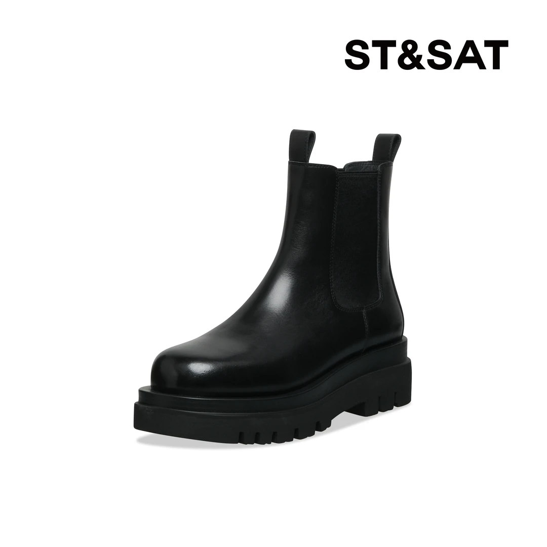 St&Sat/星期六时尚圆头切尔西厚底短靴中筒百搭女靴SS34116Q93