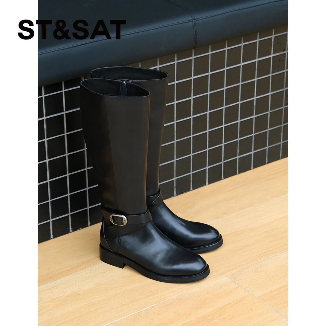 【巴黎画报】星期六全筒牛皮秋冬老钱风时髦显瘦高筒骑士靴时尚7B3M