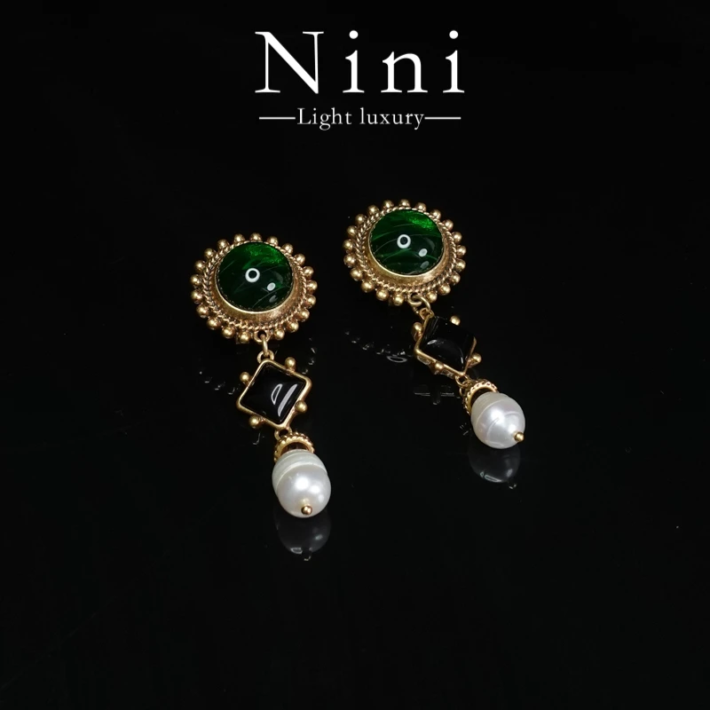 合金合成锆石耳饰 复古绿琉璃几何三色百搭小众设计感耳钉宫廷风.