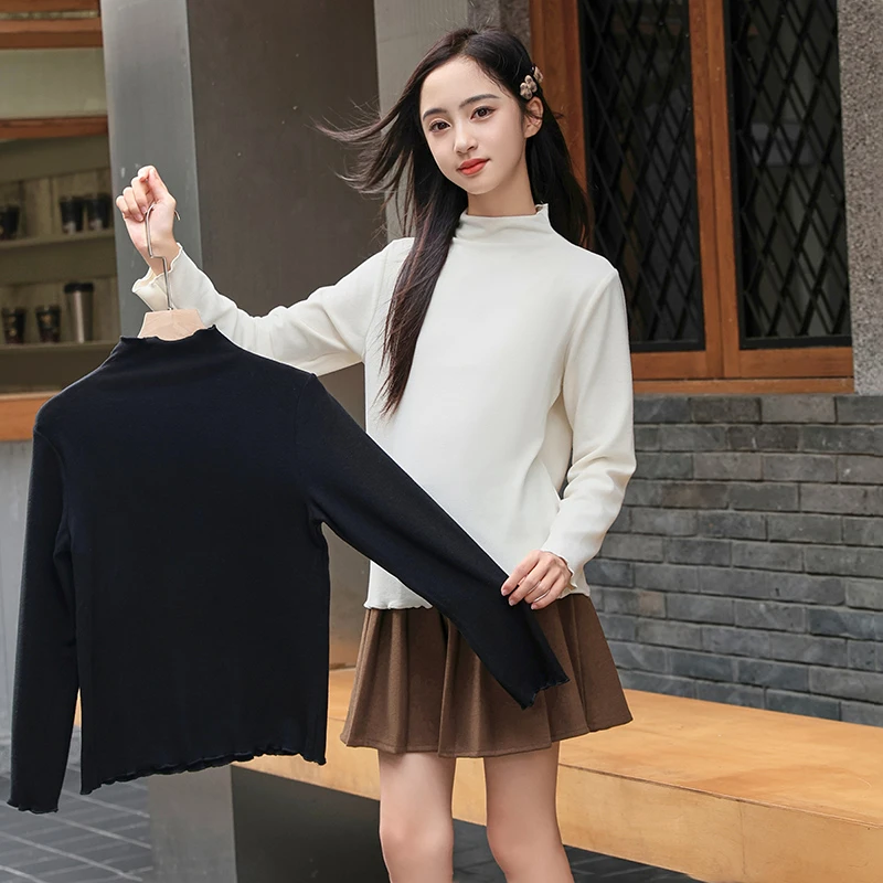 女童青少女大童打底衫春秋装半高领长袖初中女生内搭保暖内衣白色