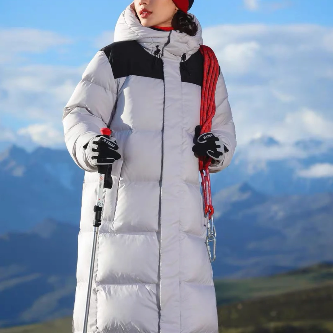 冈狄斯2024新款连帽长款羽绒服男女情侣款拼接时尚户外保暖外套冬