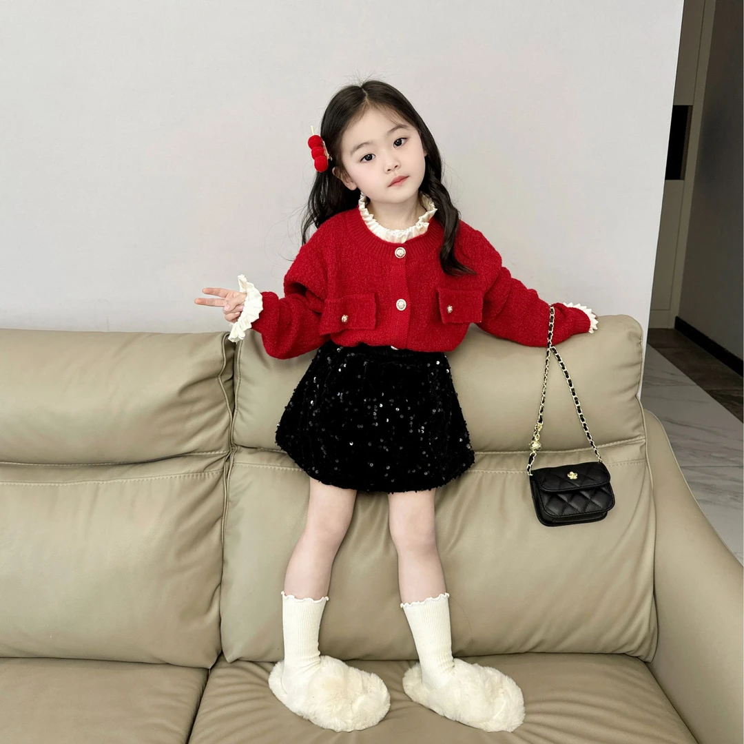 【现货】女童时髦小香风毛衣开衫亮片短裙24女宝洋气开衫外套潮