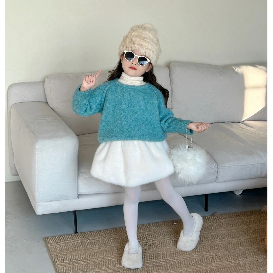 女童毛衣加厚秋冬新款圈圈纱宽松套头针织衫毛毛加绒加厚半身裙厚