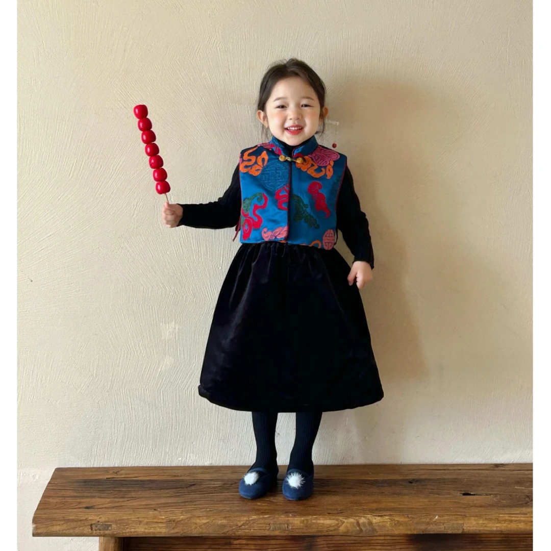 2024冬季新款童装 新中式童装 女童七彩八宝葫芦漳缎马甲 唐装