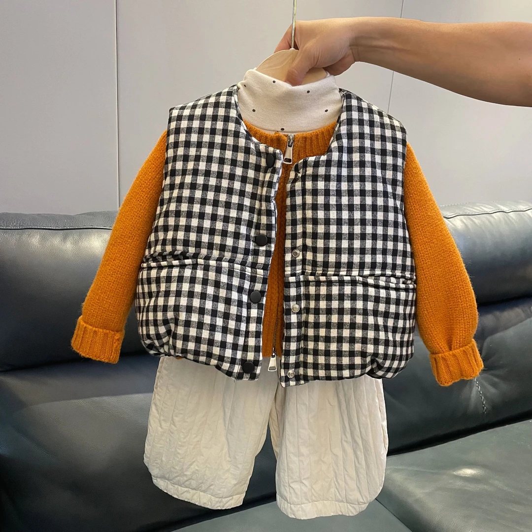 【现货】儿童韩版厚款格子马甲外套背心夹棉面包服马甲灯笼背心童装