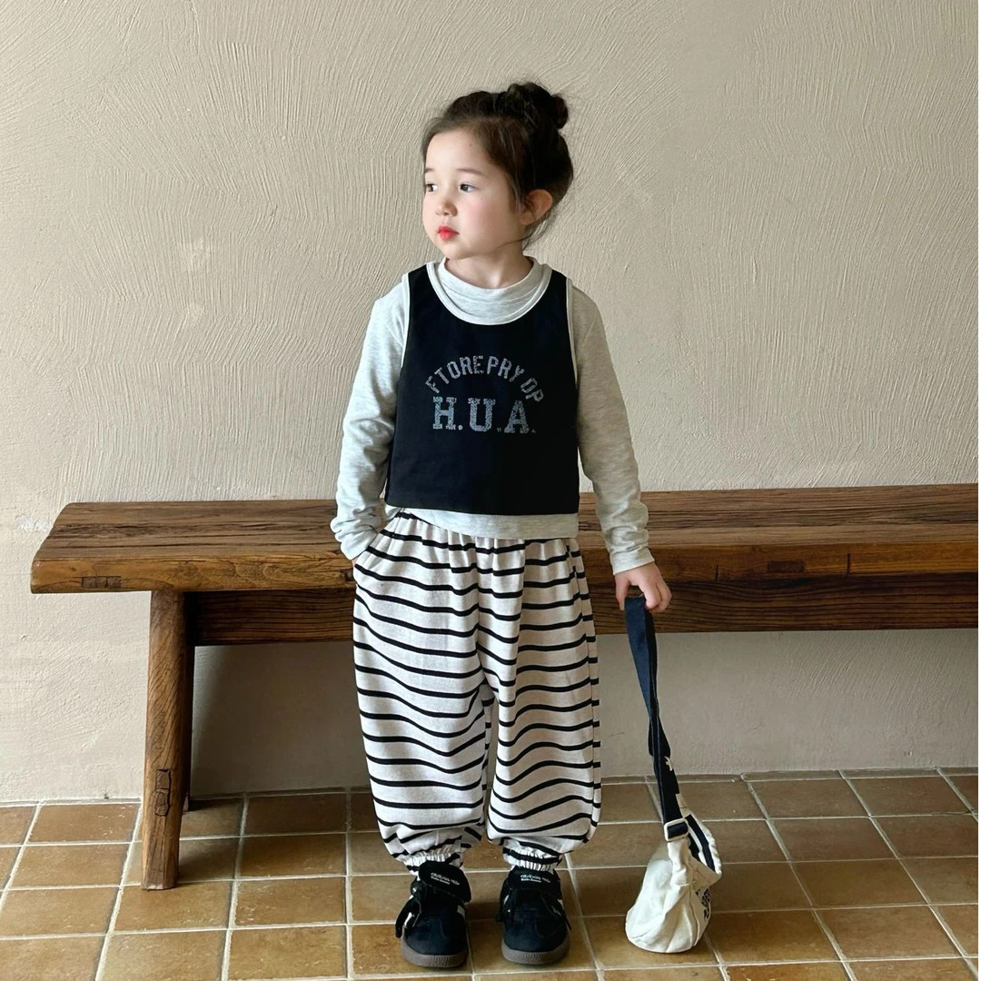 【现货】2025秋字母背心叠穿潮洋气T恤 背心T恤两件套T恤条纹裤时髦