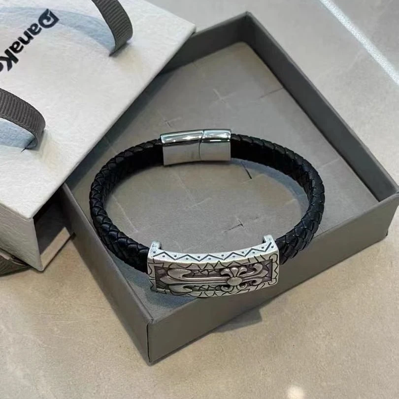 足银皮质手链 【Abdu专属】 كۈمۈش بىلەيزۈك S990纯银男款皮质手环