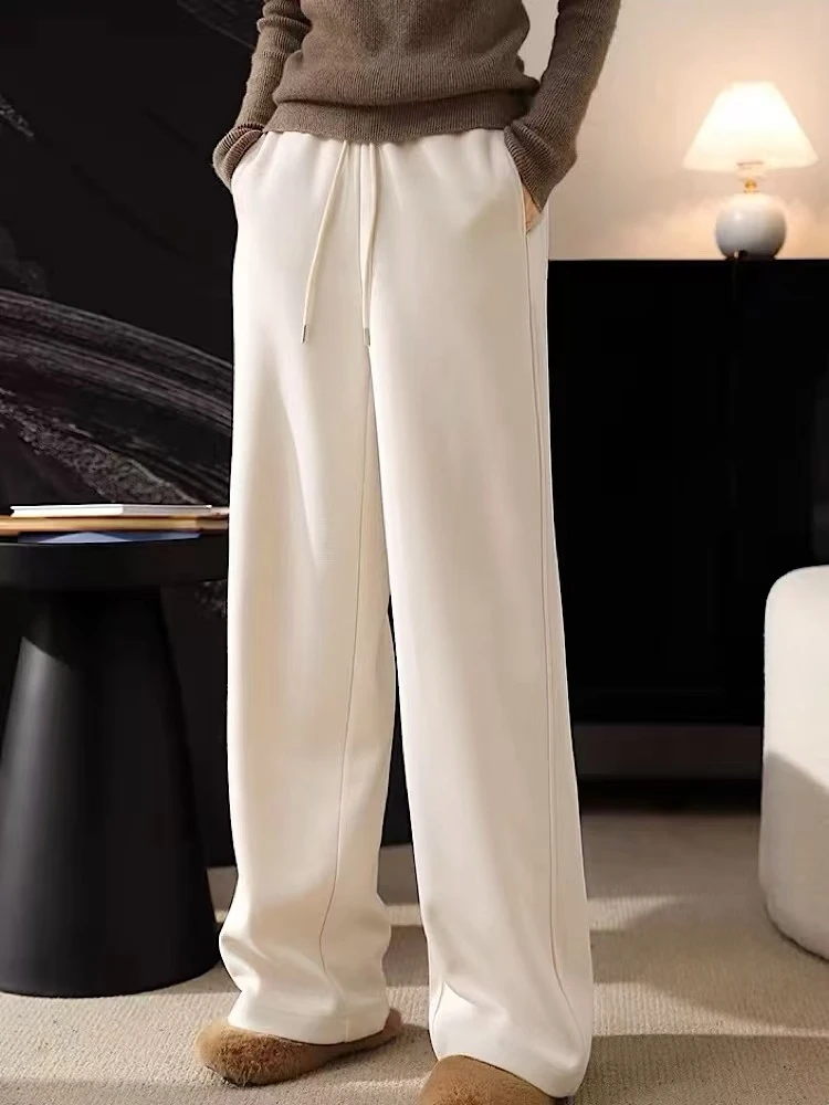 B19-3白色“纯色”松紧腰直筒裤（12307）