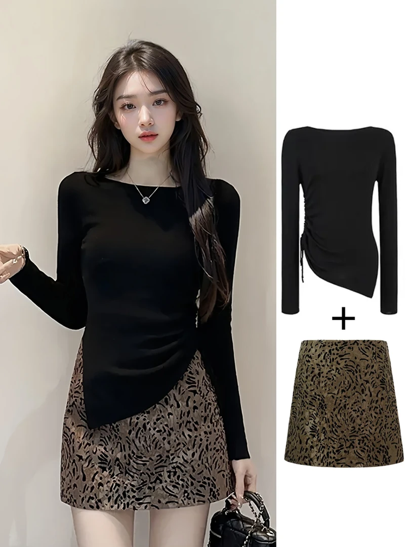 入秋一整套女装法式不规则抽绳收腰上衣+气质豹纹A字半身短裙套装