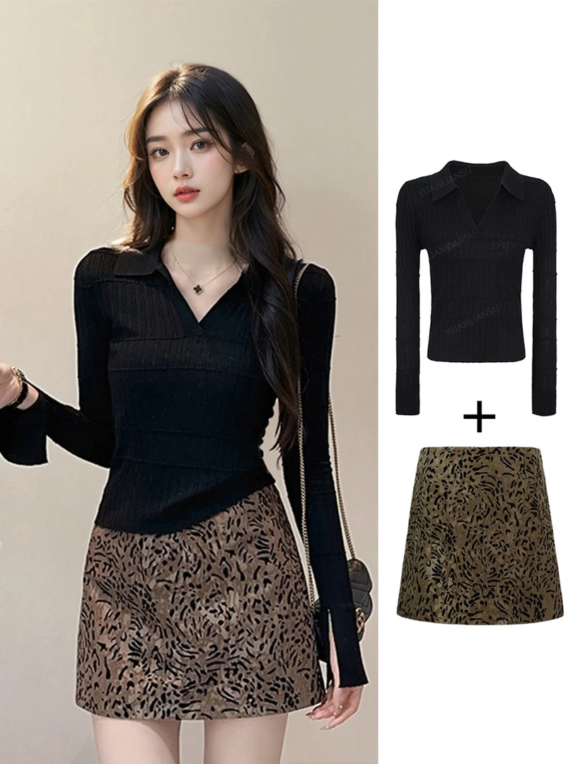 入秋一整套女装时尚百搭长袖针织上衣+气质豹纹A字半身短裙套装女