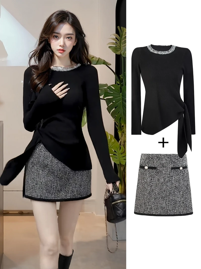 秋季女装套装法式优雅圆领亮片长袖不规则上衣+小香风A字半身裙女