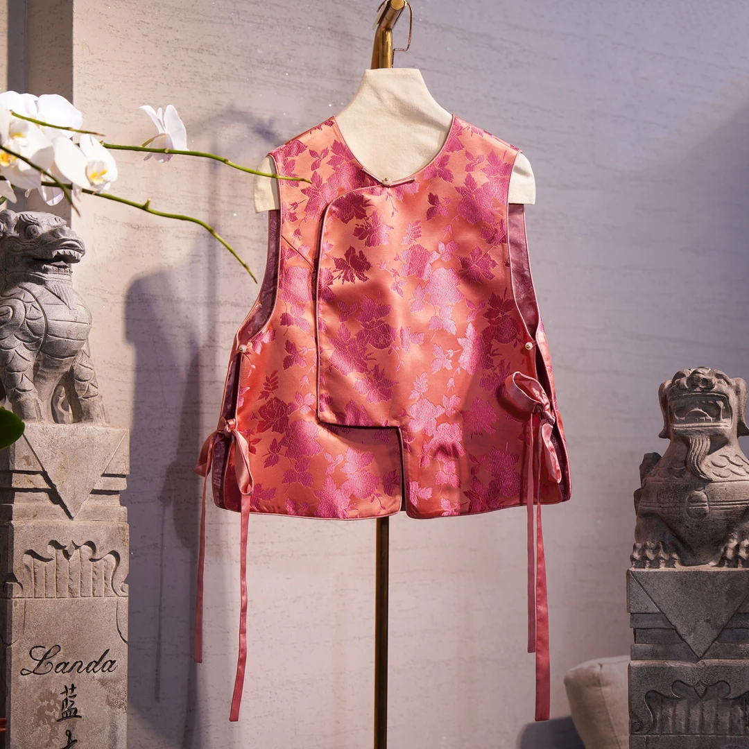 蓝大【踏花】桑蚕丝中国风马甲红色日常提花马夹夏季双面立领9709