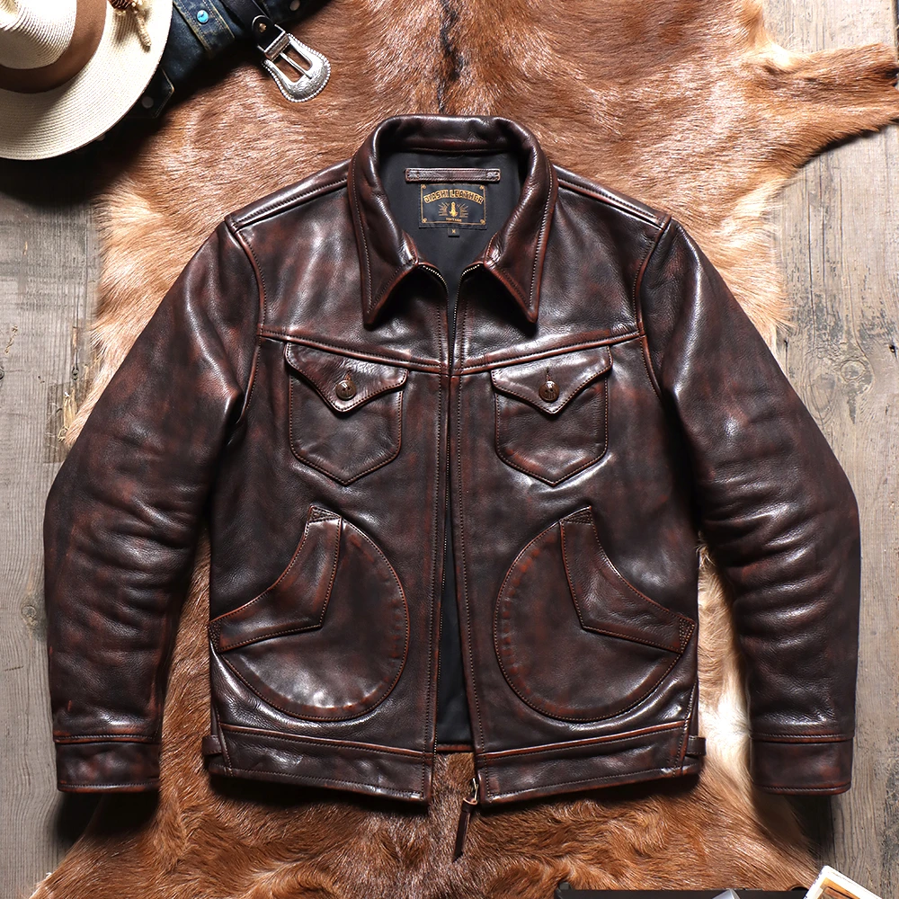 1.6mm美式复古门多萨农场主重工水洗做旧男士茶芯植鞣牛皮皮衣