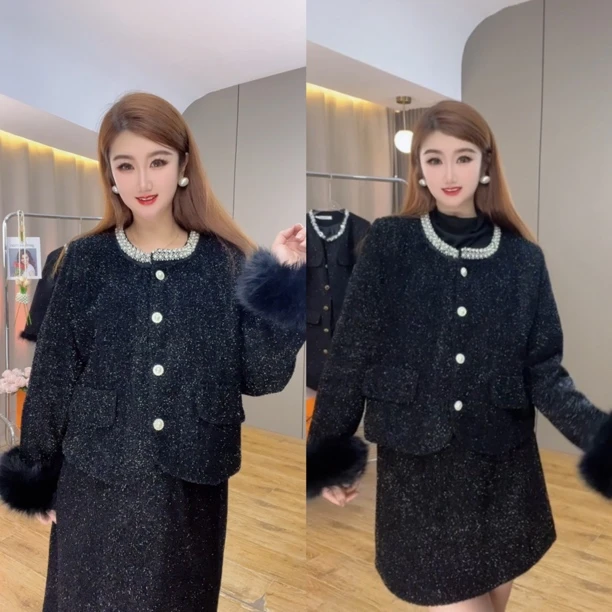 【ZJING】2024冬季新款轻奢显瘦高级轻奢亮线加棉小香风两件套