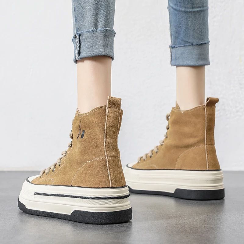 磨砂牛皮高帮鞋女ins潮高级感女鞋2023秋季新款厚底板鞋休闲运动
