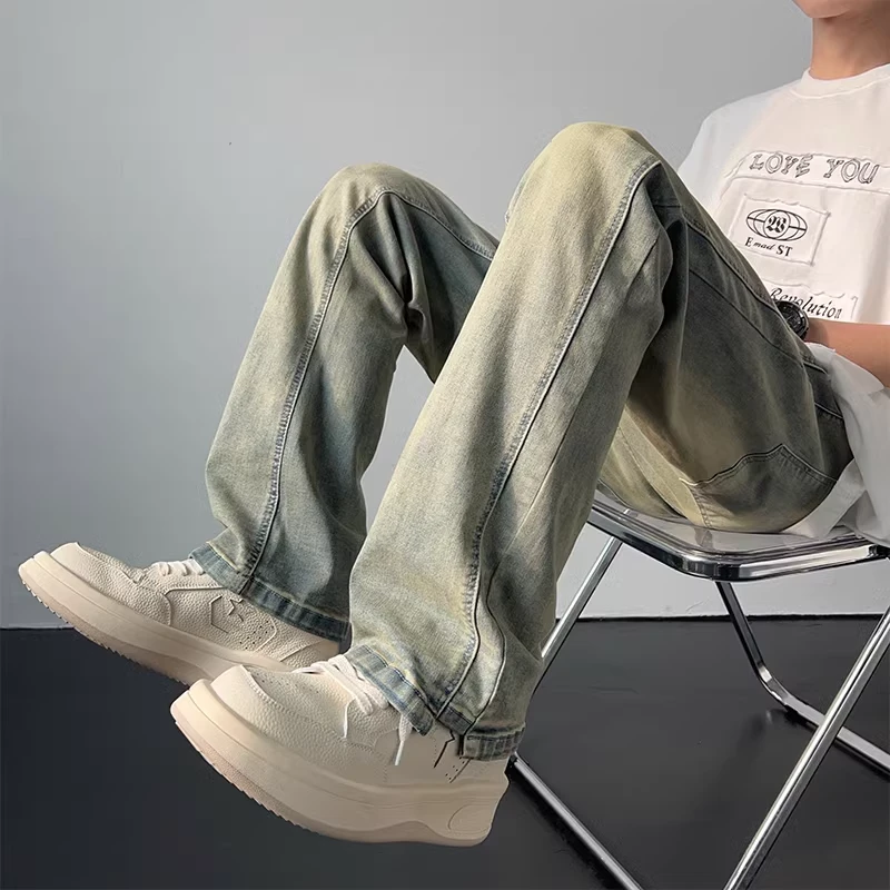 黄泥弹力牛仔裤男款美式复古高街vibe休闲直筒裤子修身显瘦微喇裤