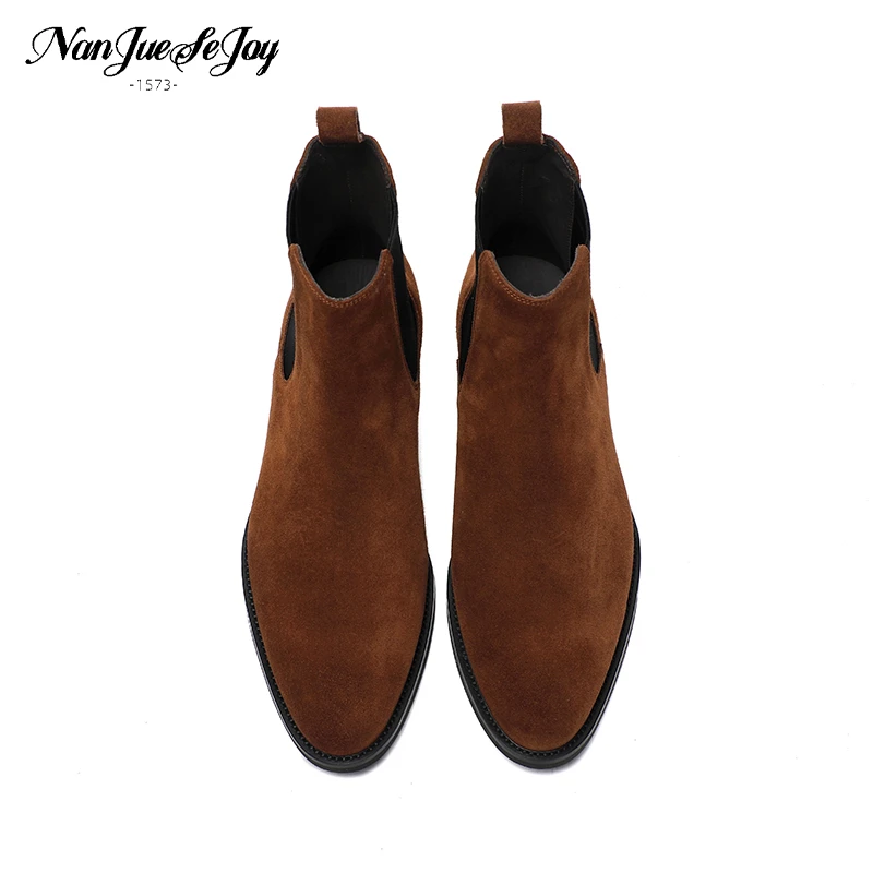 胎牛绒切尔西短靴男爵世家全手工真皮冬季英伦商务反绒翻毛皮男靴