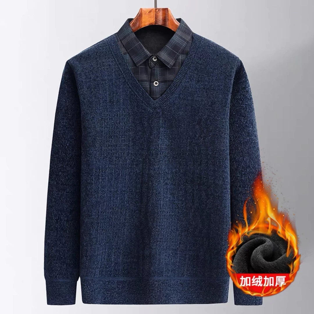 爸爸冬装加绒加厚毛衣中年男雪尼尔保暖打底衫中老年人爷爷上衣服