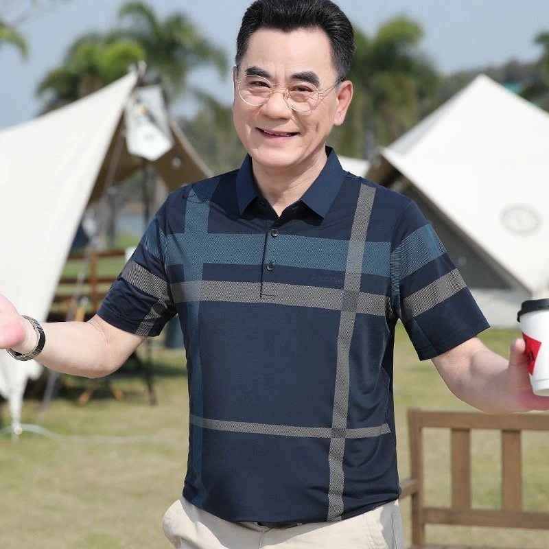 【薄感清凉】男士爸爸夏装短袖T恤撞色格纹凉感透气中老年POLO衫男