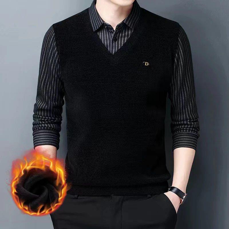 秋冬新款男士加绒毛衣翻领休闲假两件衬衫领保暖雪尼尔针织衫上衣