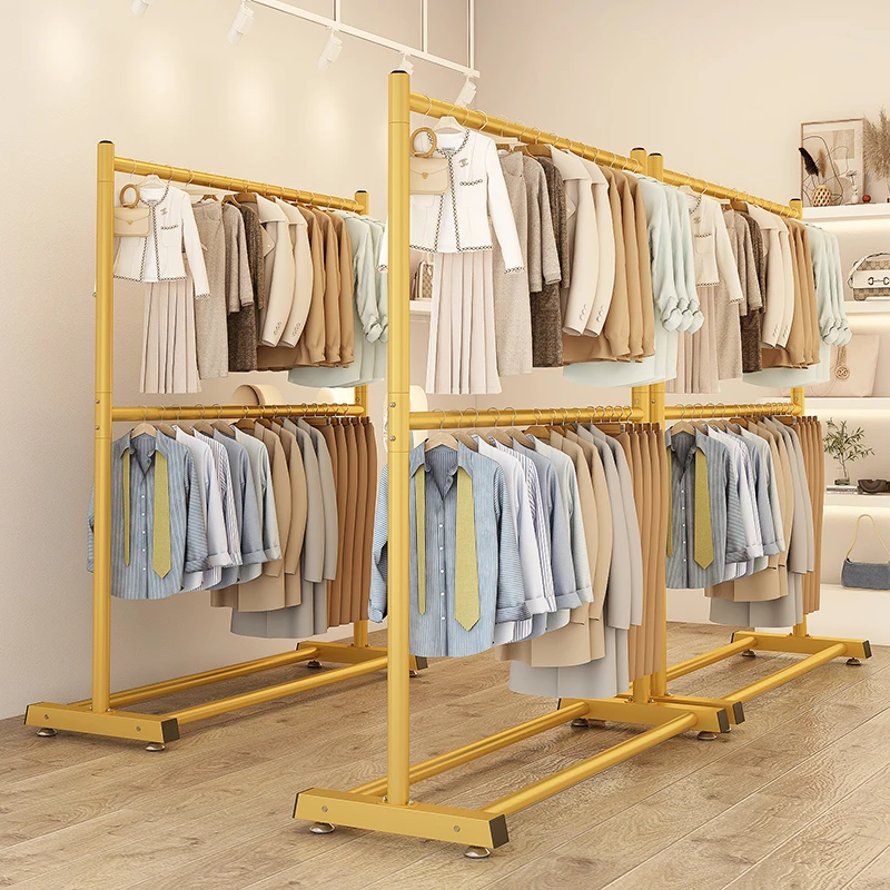 多功能衣帽架双杆式晾衣架落地立式晾衣杆卧室挂衣架收纳衣服架子