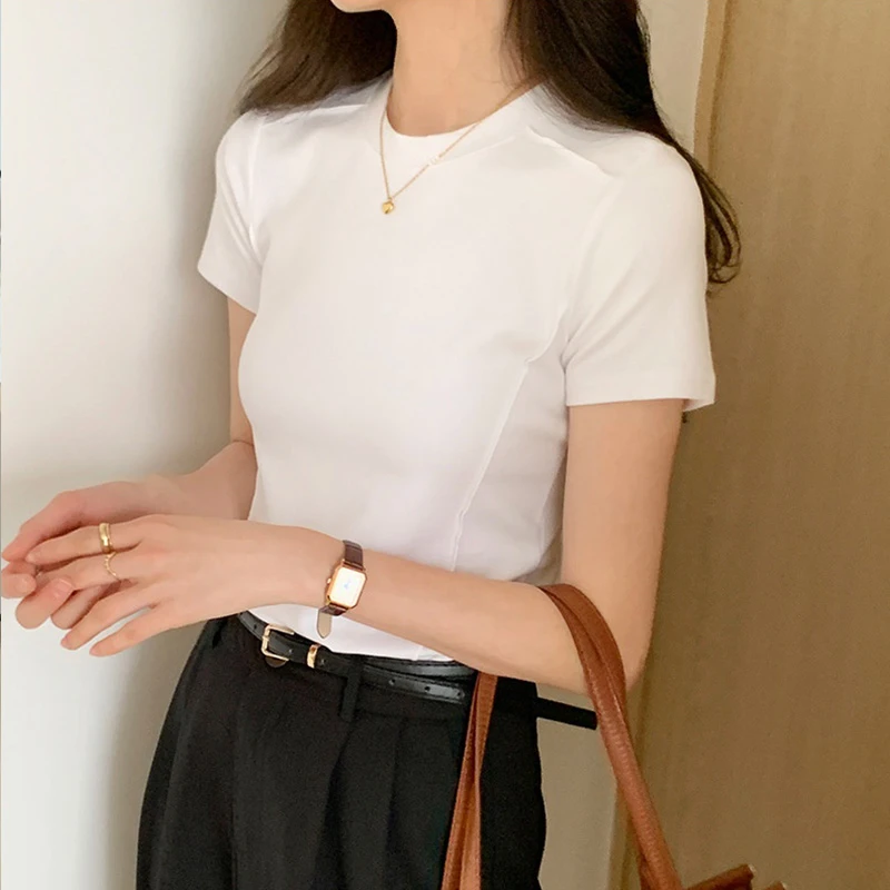 (直播专属鱼骨纹)2688夏季新款纯色百搭弹力修身设计感小众T恤W