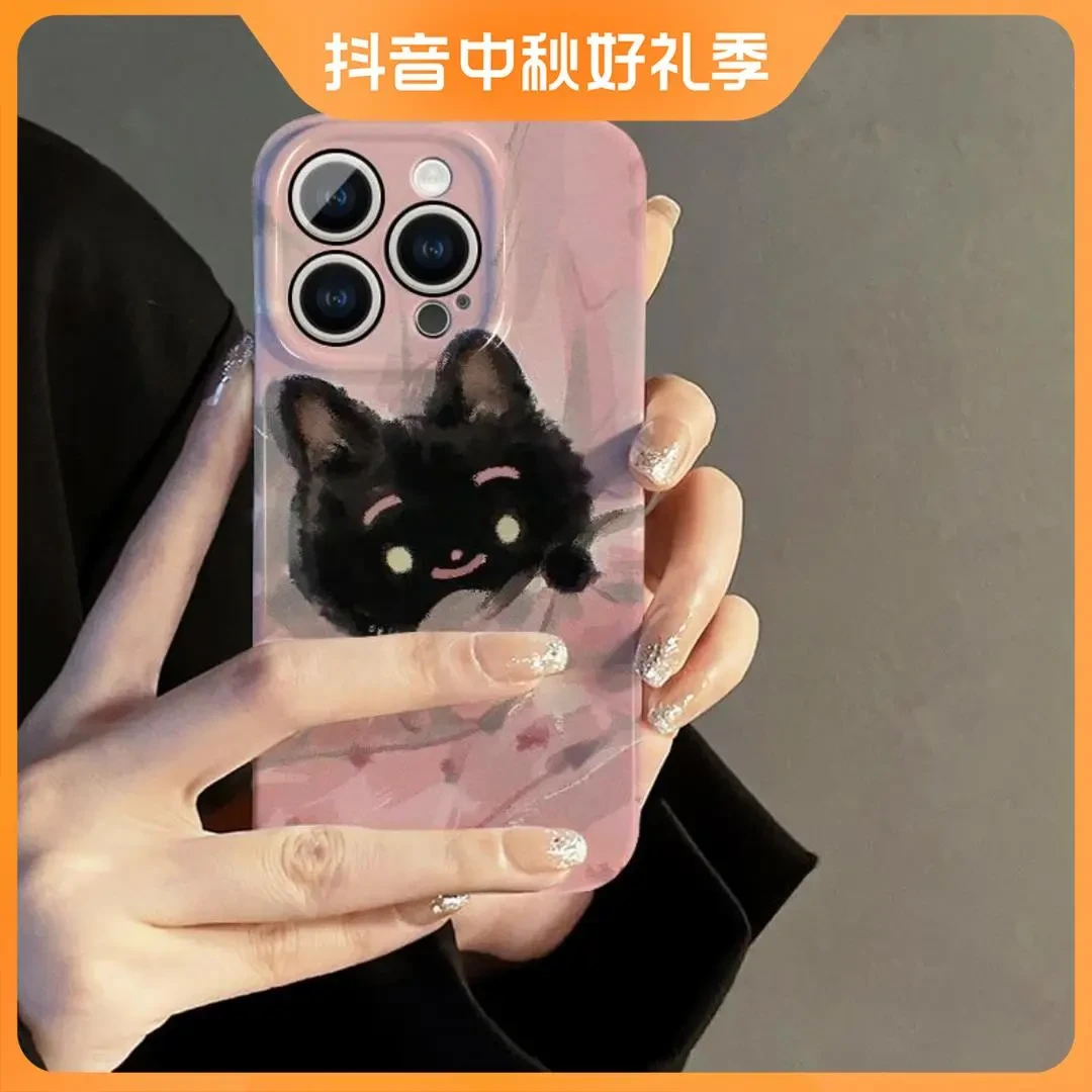 黑色猫咪新款适用苹果16promax手机壳iPhone15双层14Pro菲林