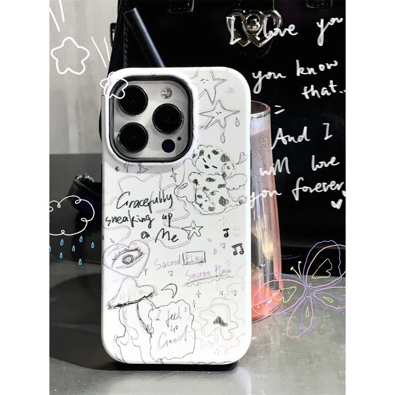 花椰子韩风涂鸦小狗小众适用于双层iPhone14Promax英文苹果13全包