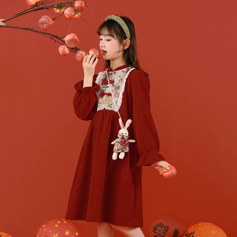 女童加绒新中式连衣裙甜美小兔包包秋冬季新年红色圣诞年装中大童