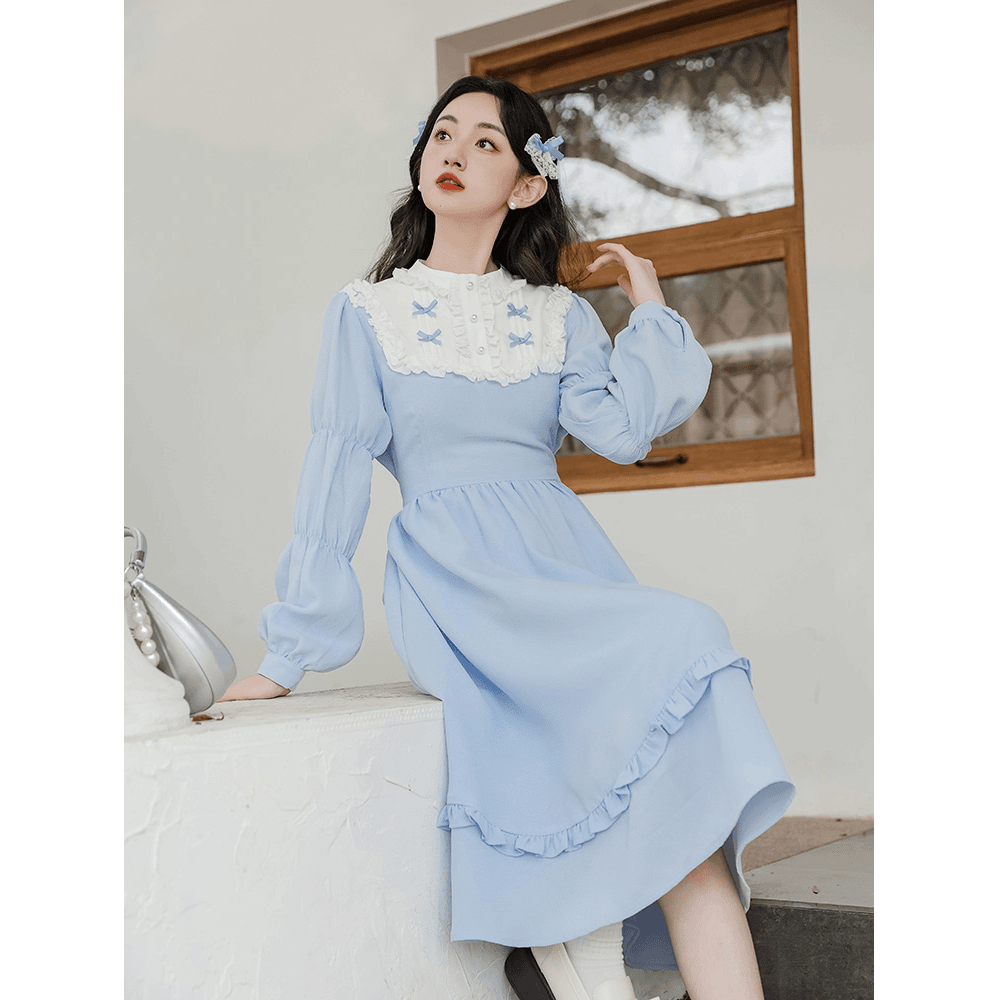 法式甜美气质蝴蝶结蓝色连衣裙文艺小清新收腰显瘦春季公主裙2797