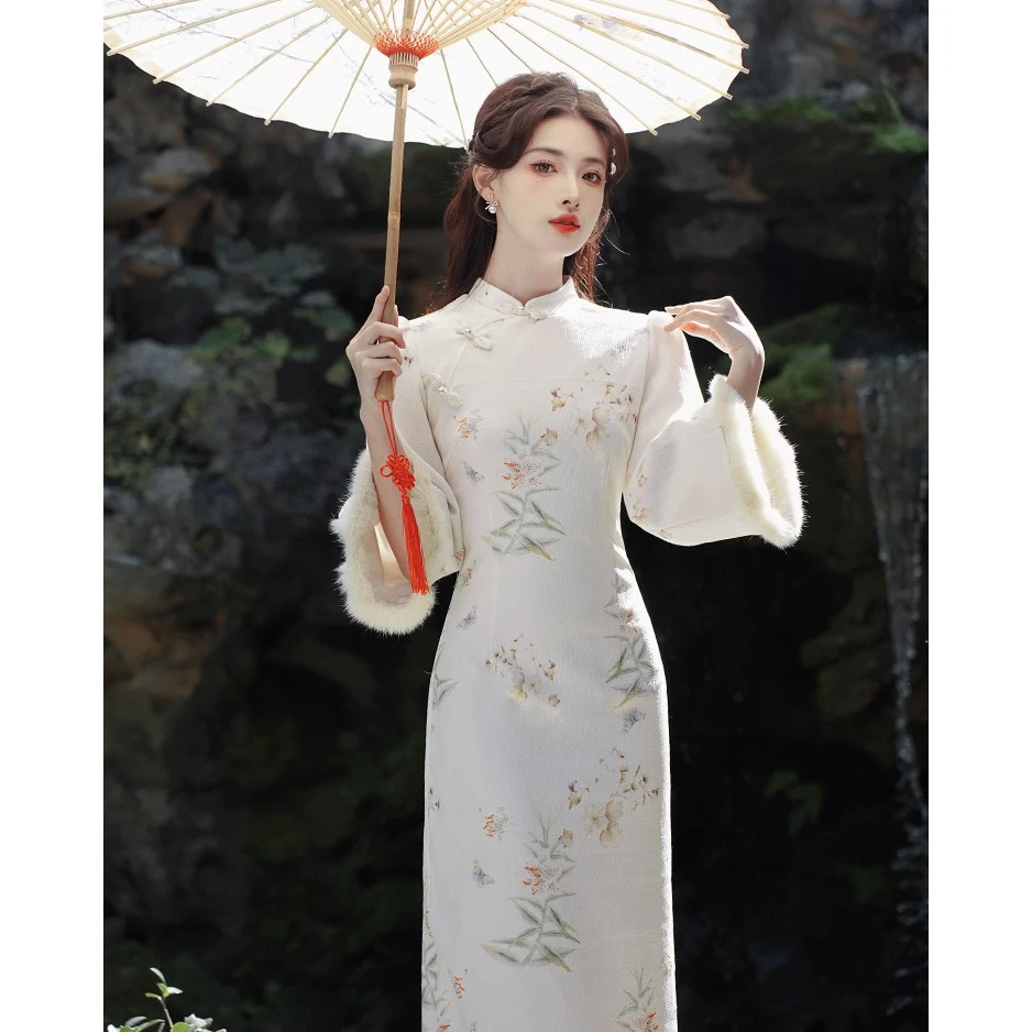 新中式民国风立领盘扣印花改良旗袍拼接毛边收腰显瘦小众设计5215