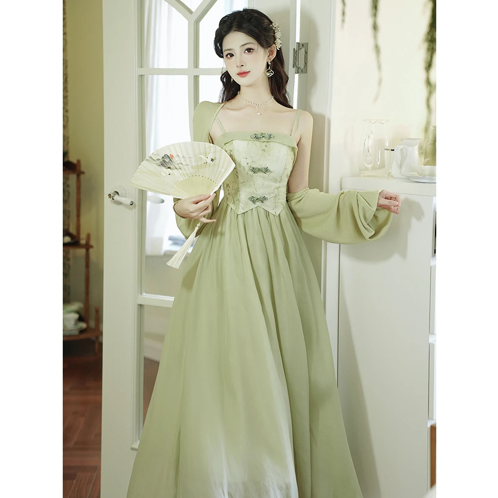 新中式温婉气质国风印花吊带连衣裙配开衫森系仙气优雅长裙子8006