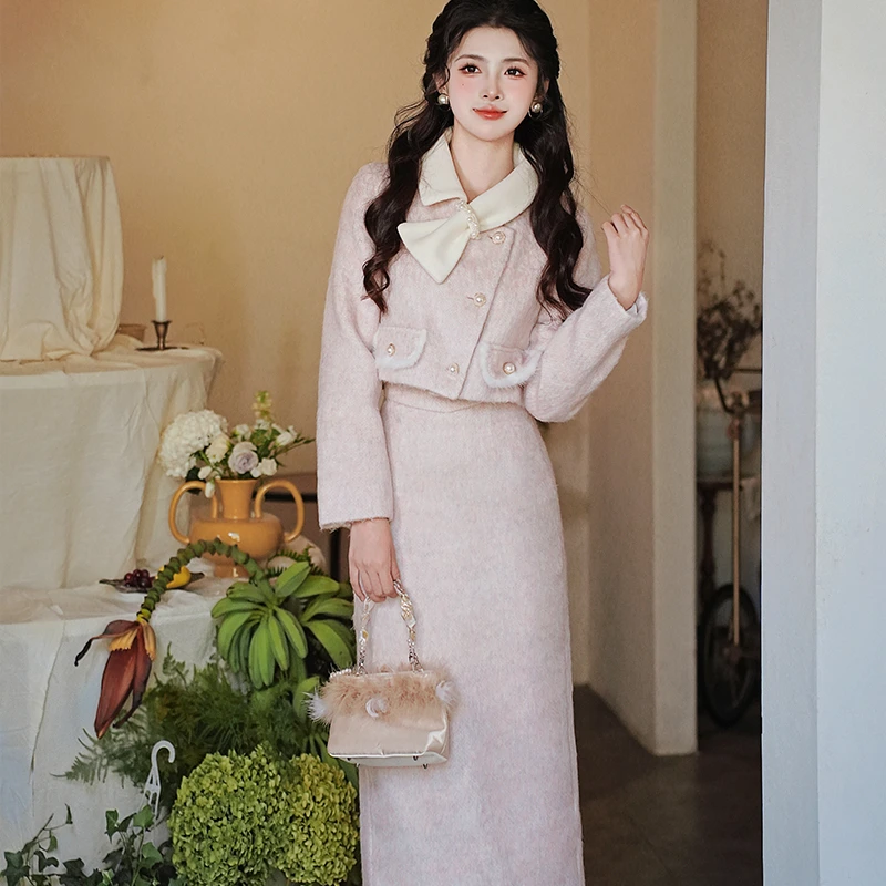法式高级感富家千金粉色加厚呢子短外套+半裙两件套装6959