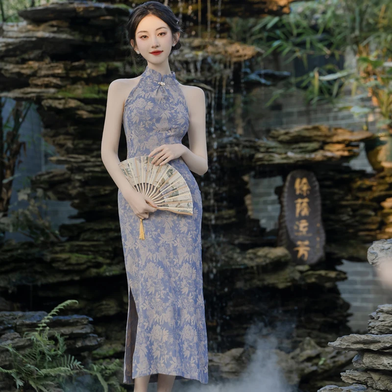 新中式国风女装春夏连衣裙修身显瘦气质挂脖少女改良旗袍裙日常款