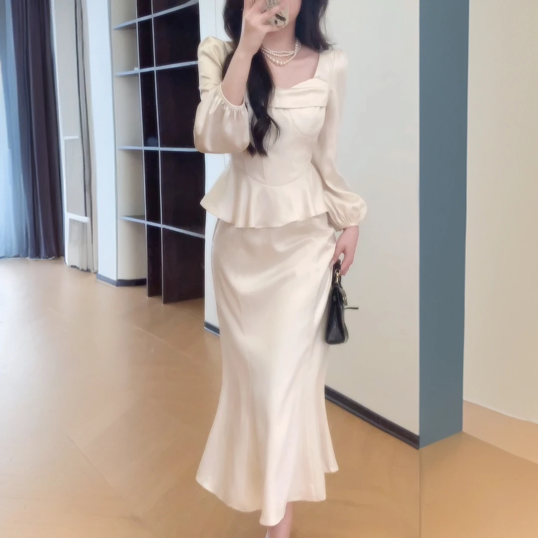 早秋茶歇轻法式宴会连衣裙赫本风仙女气质高腰假两件名媛裙子8023