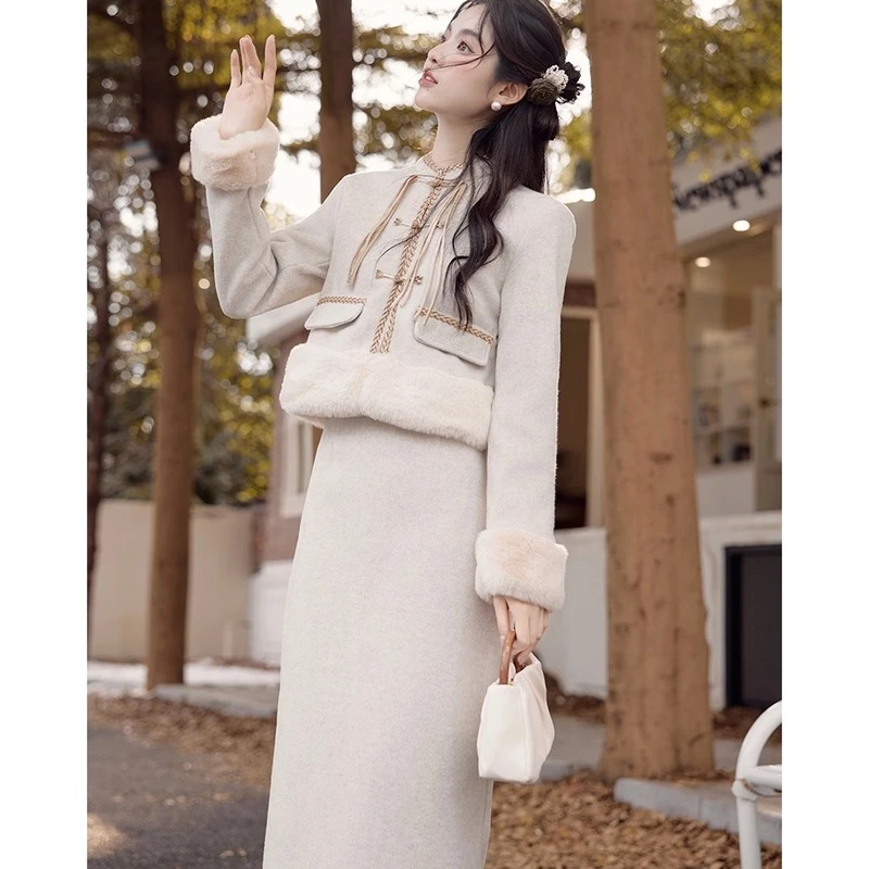 新中式国风富家千金高级感小香风加厚毛呢时尚洋气两件套冬装893