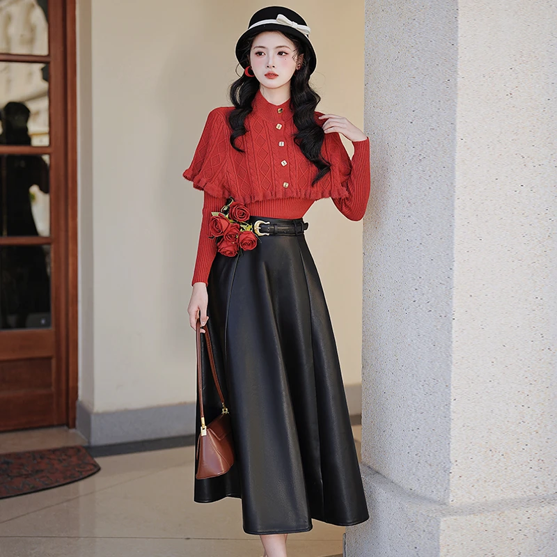 圣诞新年红色针织衫斗篷披肩两件套上衣+高腰黑色半身皮裙套装