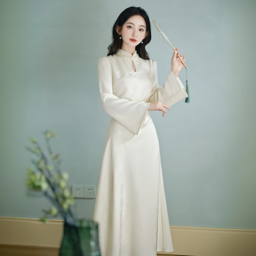 新中式米杏色喇叭袖立领少女改良旗袍修身显瘦秋季穿搭长裙8667