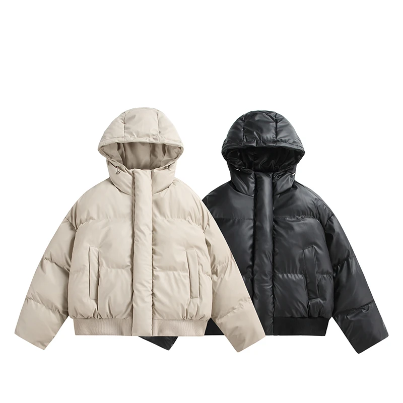 冬季新款PU连帽拉链棉服男生设计感新款外套短款美式潮牌厚上衣