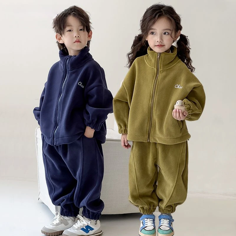 童森童马儿童奥粒绒套装女童秋冬加厚男童外套卫衣裤子两件套洋气