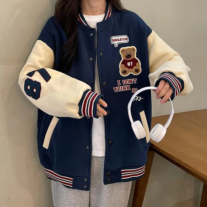 小熊棒球服外套女童秋冬2023新款中大童小百搭宽松刺绣潮牌夹克11