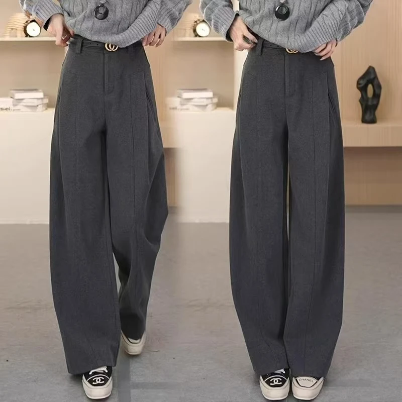 加厚毛呢香蕉阔腿裤女2024秋冬季新款高腰显瘦保暖休闲裤子弯刀裤