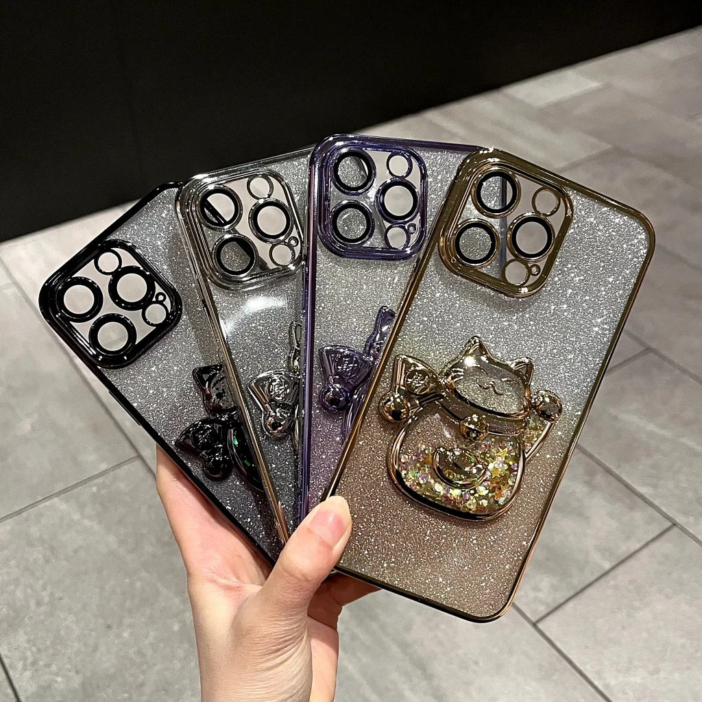 闪粉流沙招财猫适用苹果iPhone15promax/14/13手机壳全包防摔