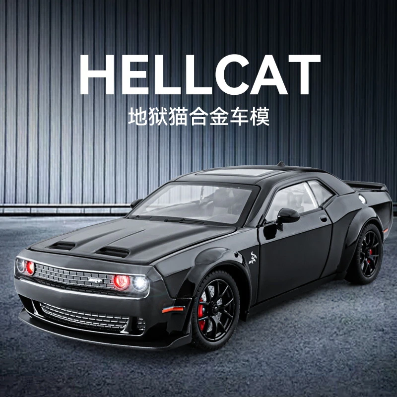 车致1:24地狱猫道奇跑车模型仿真声光回力多开门玩具车模型批发