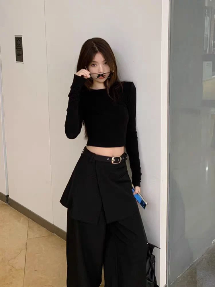 韩版春秋圆领正肩长袖T恤女2025新款修身内搭纯欲辣妹百搭