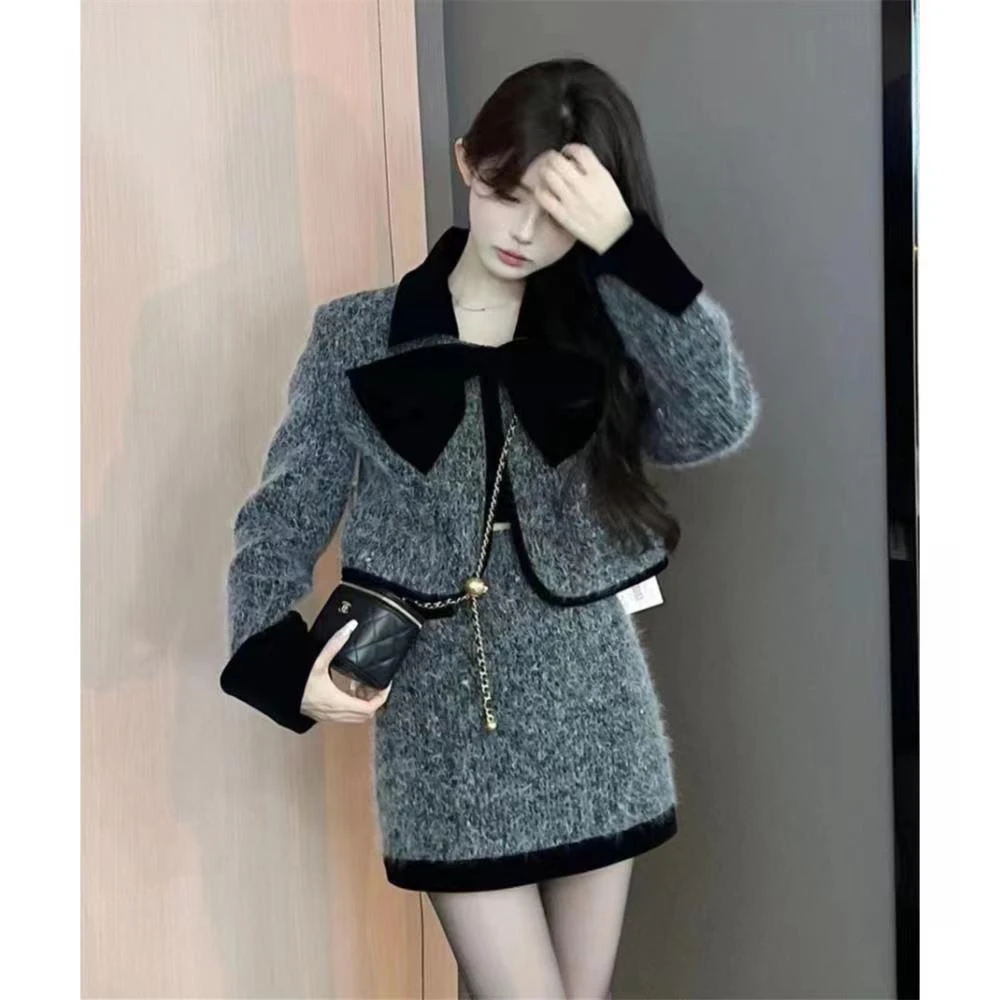 T-05秋冬小香风套装裙女名媛高级感蝴蝶结毛绒短外套半身裙两件套