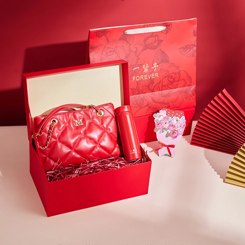 Montagut/梦特娇中国红礼盒ins托特包红色单肩虎年礼盒装婚礼显眼