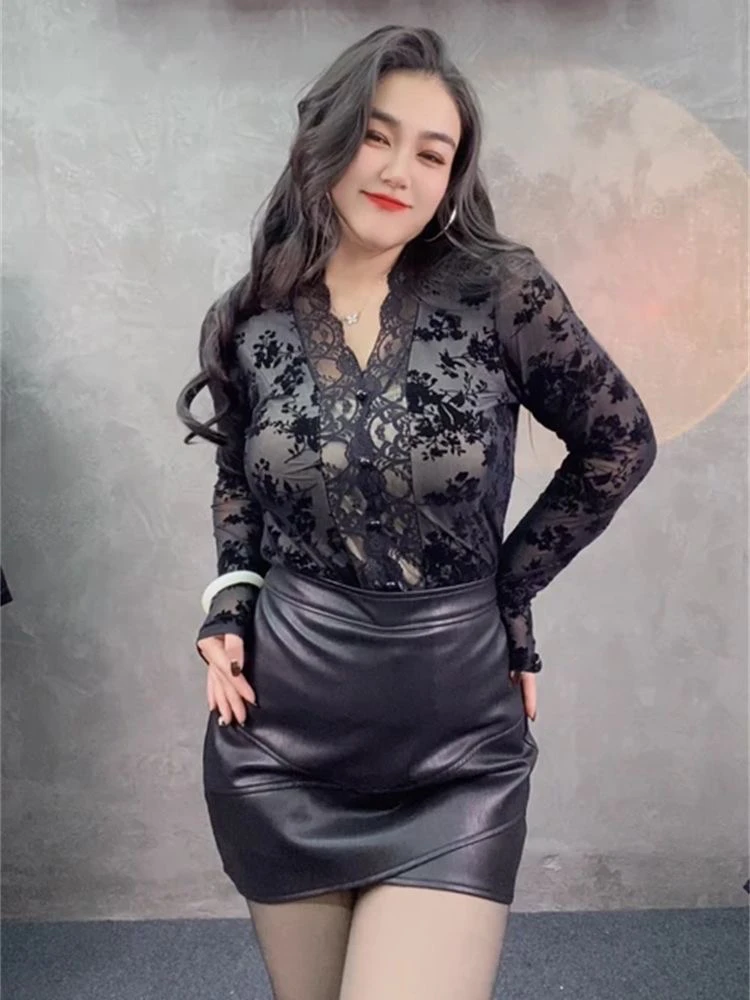 白胖美大码性感花边长袖蕾丝衫女秋冬新款上衣百搭修身显瘦